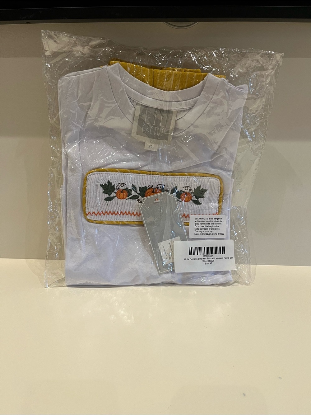 Kids White Long-Sleeve Smocked Pumpkin Tee with Yellow Pants by Lil’ Cactus